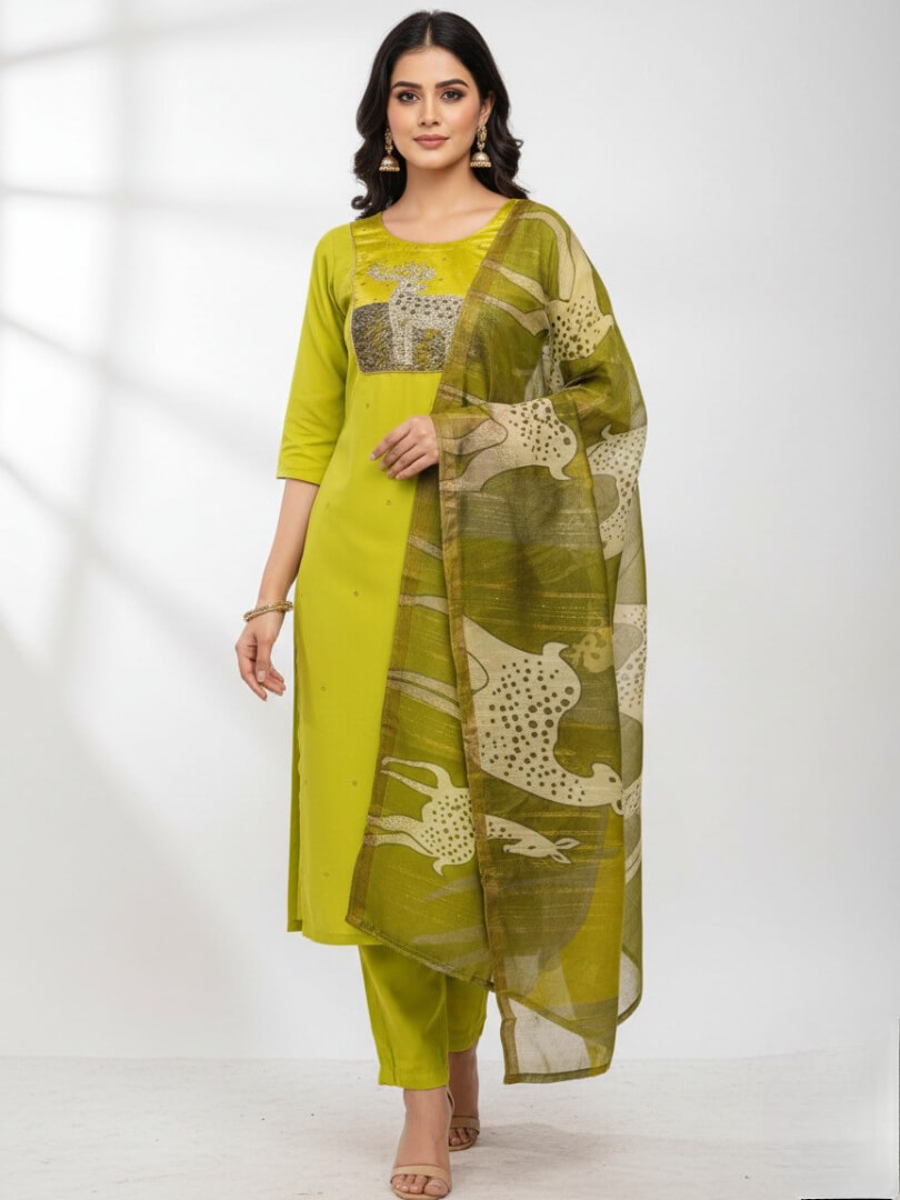 Green Roman Silk Zari Weaving Kurta Pant Set Wiy Zari Weaving Dupatta