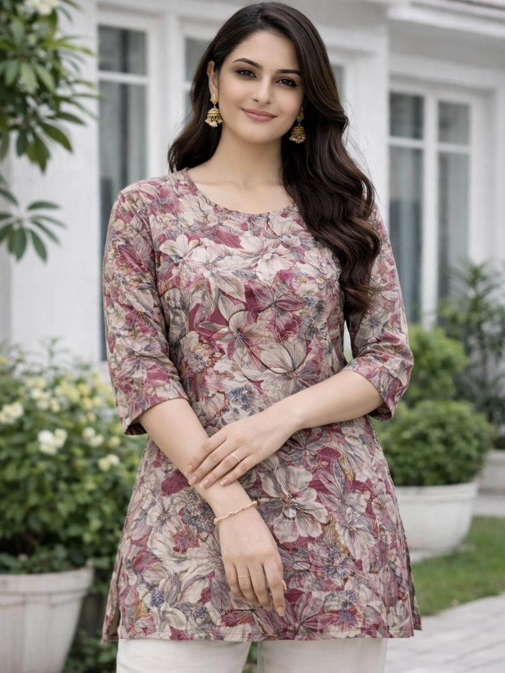 Maroon Muslin Printed Short Kurti