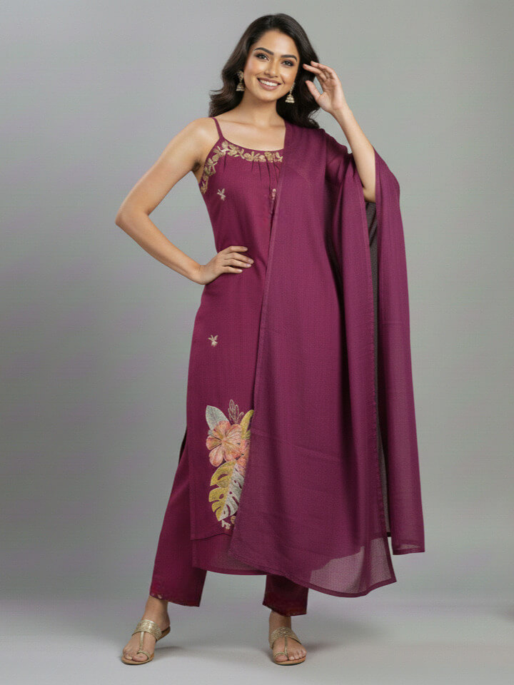 Maroon Dori Style Cotton Slub Kurti Pant Set