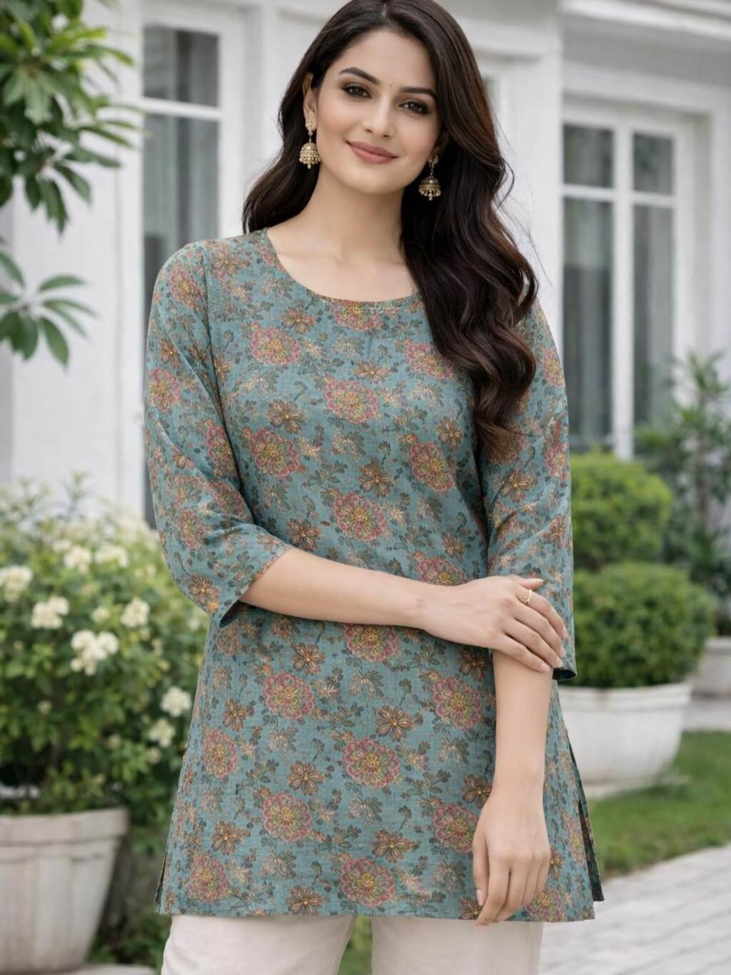 Blue Muslin Floral Printed Short Kurti