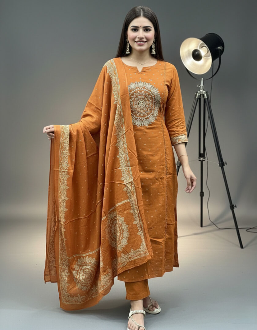 Orange Embroidered Cotton Anarkali Kurta Set
