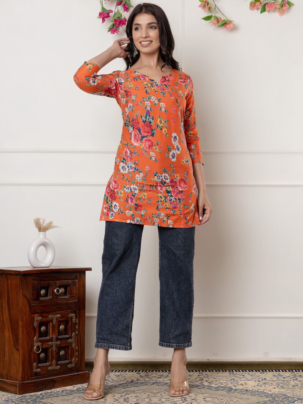 Orange Cotton Floral Printed Short Kurti