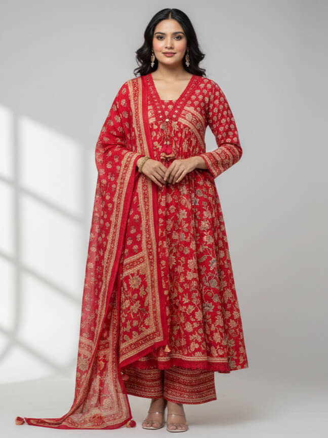 Red Cotton Floral Printed Kurta Palazzo Set