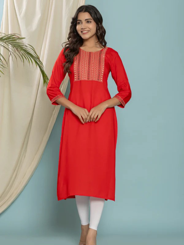 Red Embroidered Rayon Straight Kurta