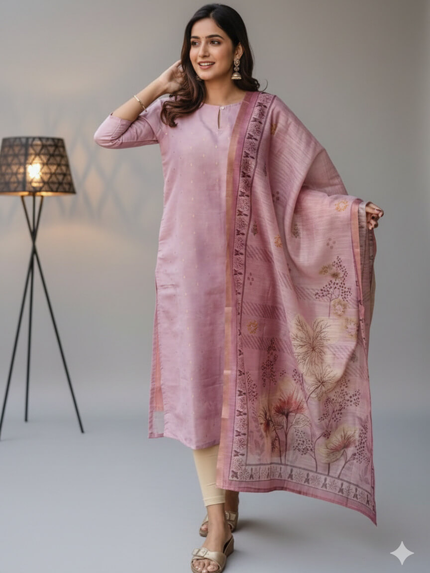 Pink Polka Dot Woven Jacquard Silk Boat Neck Kurta With Dupatta