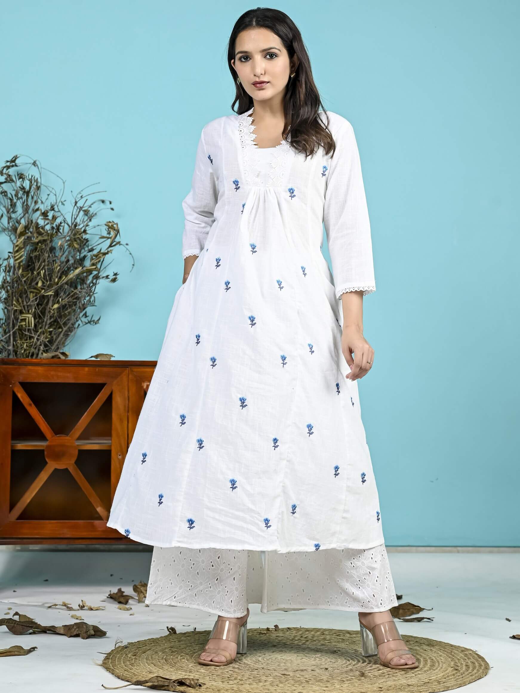 White Cotton Slub Embroidered Kurta With Palazzo Set