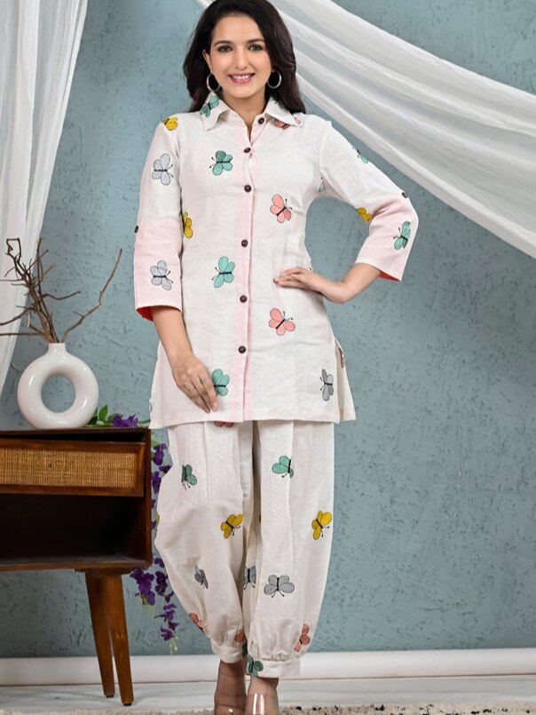 White Cotton Butterfly Printed Co-Ord Set