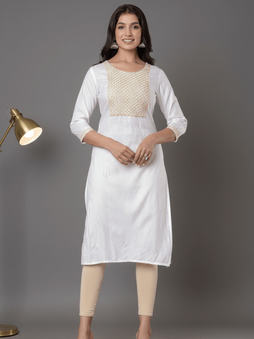 White Embroidered Rayon Straight Kurta