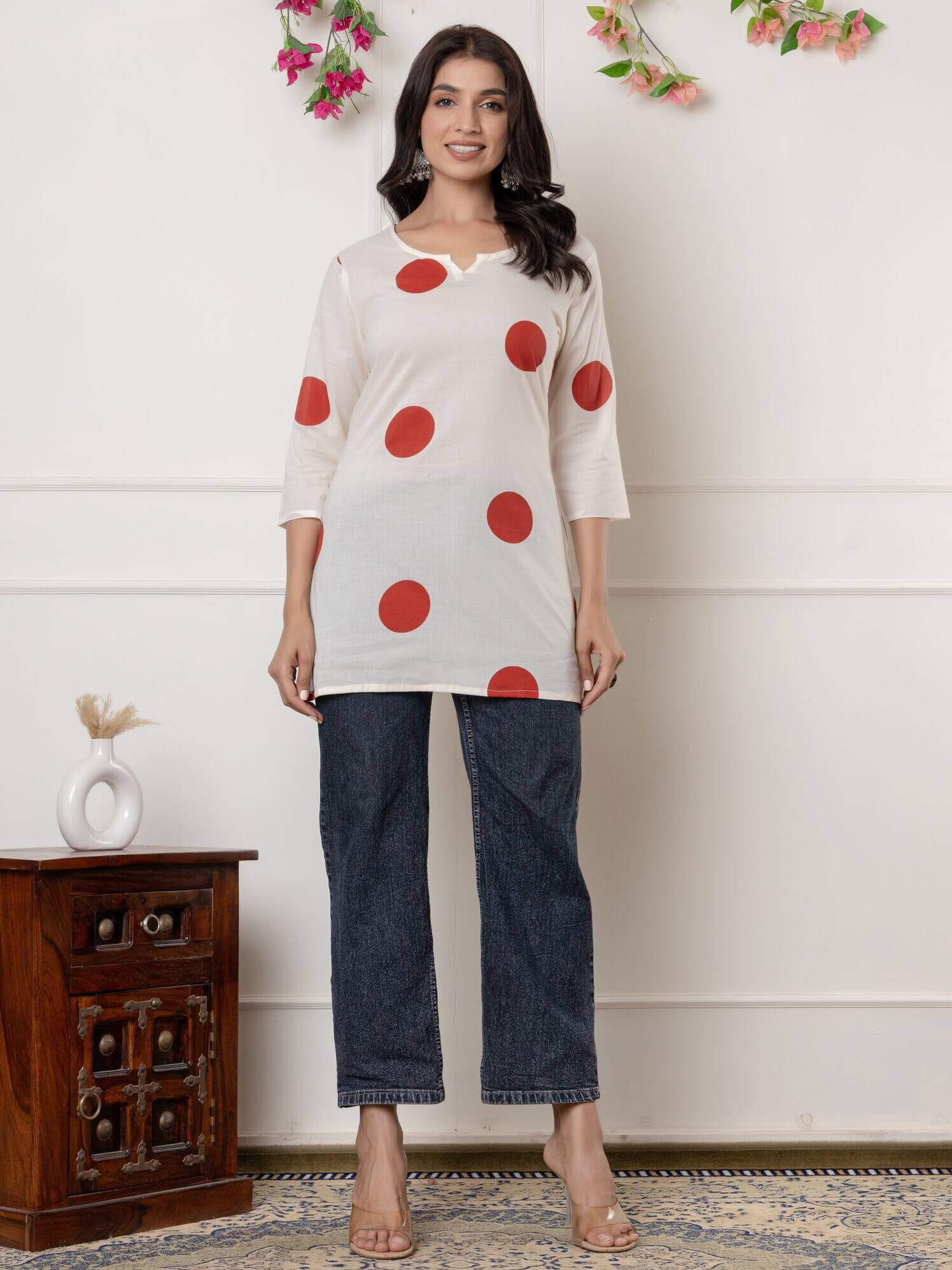 White Cotton Polka Dots Short Kurti