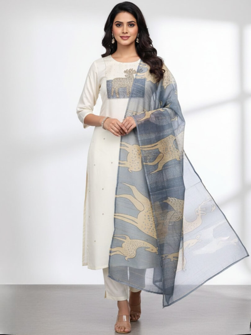 White Roman Silk Zari Weaving Kurta Pant Set Wiy Zari Weaving Dupatta