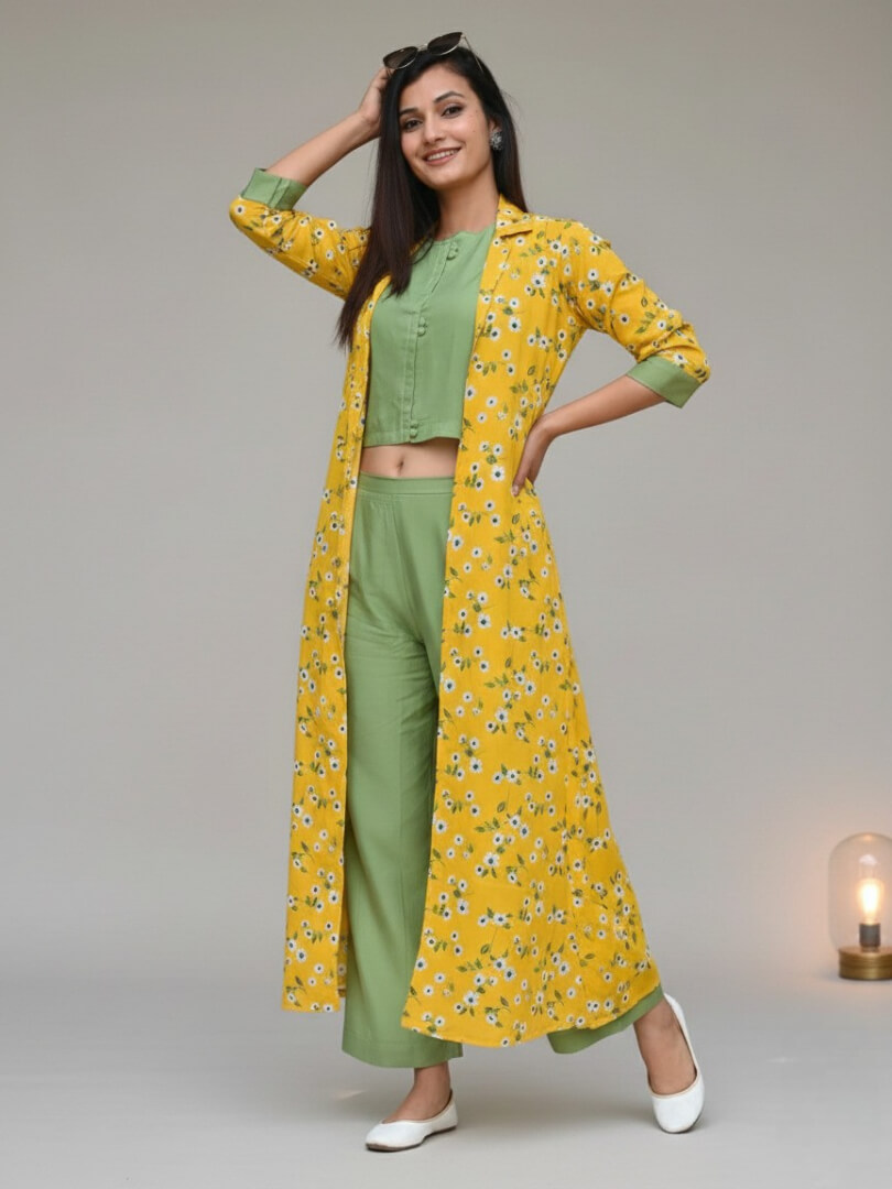 Yellow Rayon Floral Printed Shrug With Indo Western Top Pant