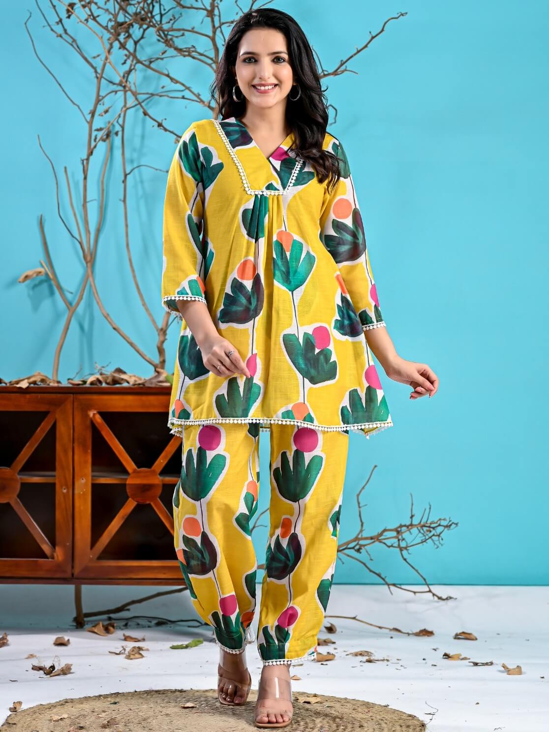 Yellow Floral Printed Cotton Co-Ord Set