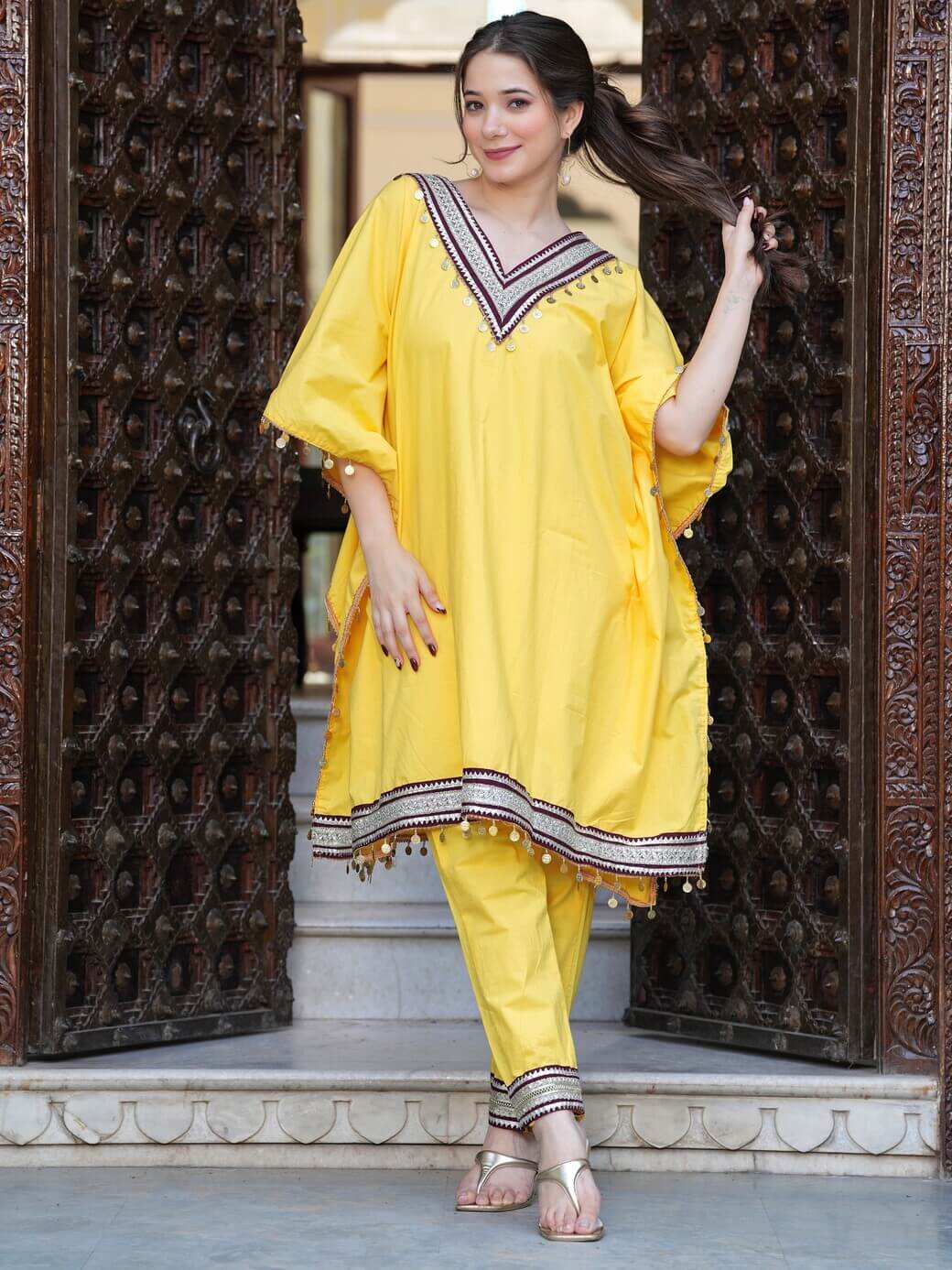 Yellow Cotton Poplin Kaftan Set With Lace Detailing
