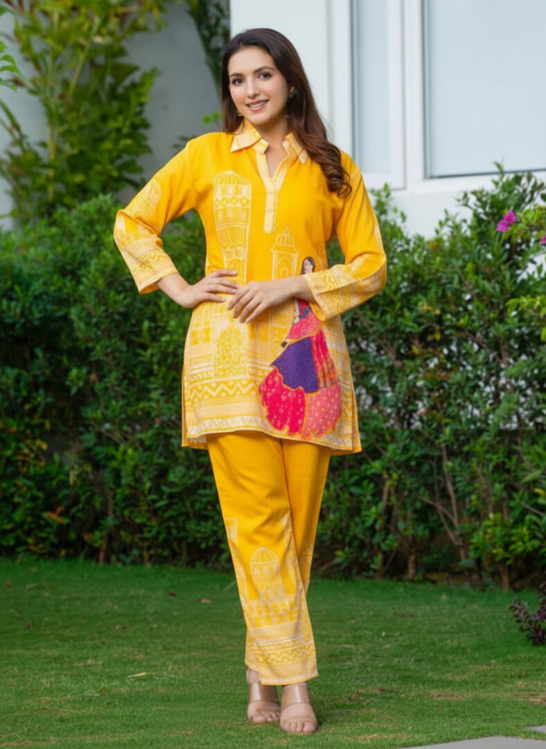 Yellow Abstract Printed Muslin Silk Co-ord Set